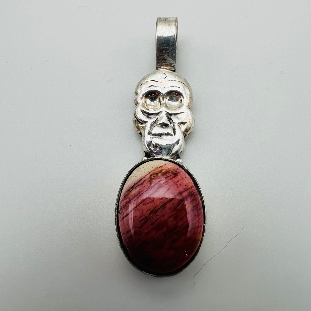 Artisan Pink Stone and Skull Pendant‎ Silver Tone Goth Statement Charm